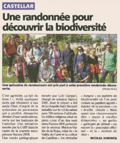 Article Nice-Matin du samedi 30 mai 2015 randonnée biodiversité
